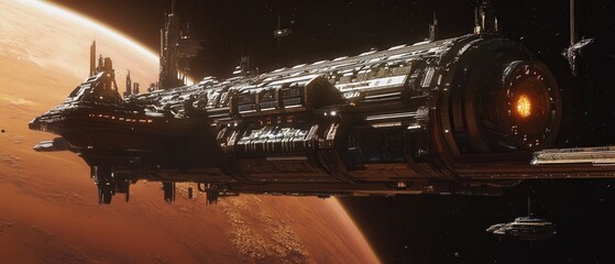 Wall Mural - immense space station orbiting a martian-like planet futuristic sci-fi spaceship artwork