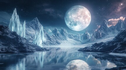 Wall Mural - enchanting alien landscape frozen lake reflecting a gigantic moon under a starry night sky - digital