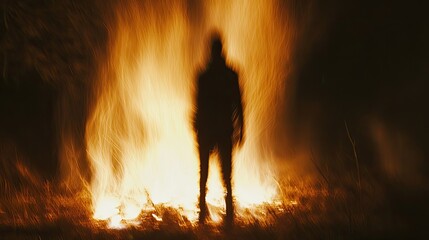 Canvas Print - Silhouette of a Person Standing Before a Wall of Fire