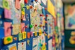 © AbdulRahmanUzair - Colorful bulletin board filled with pinned notes, maps, and vibrant magnets, showcasing a lively environment for creativity and organization in an office or classroom setting.