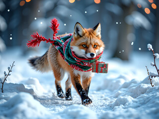 Wall Mural - Fox in a festive scarf walking through a snowy winter wonderland, photorealistic of wildlife concept.