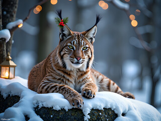 Wall Mural - A lynx with festive antlers relaxing in a snowy forest with twinkling lights, digital illustration of anthropomorphism concept.