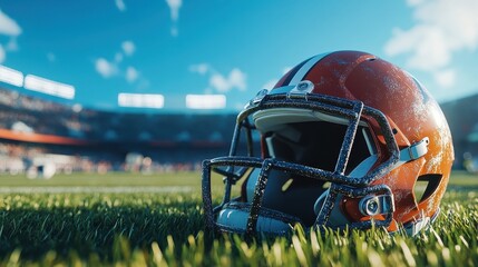 American football helmet sits on grass of stadium. Perfect for sports, competition, and victory themes.