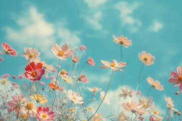 Wall Mural - colorful flowers, sky, outdoor, bright, nature scene with delicate blossoms, capturing the essence of spring and beauty in a vibrant field against a clear blue background