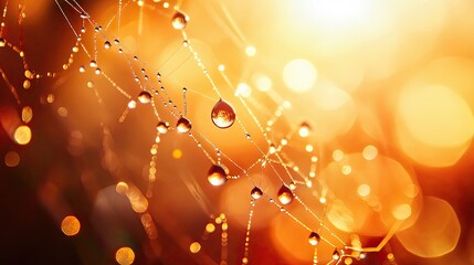 Dewdrops Glistening on a Spiderweb in Warm Sunlight