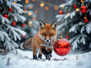 Canvas Print - Curious fox adventuring among christmas trees and ornaments in a snowy wonderland, photography of wildlife concept.