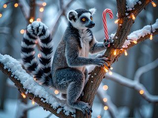 Canvas Print - A playful lemur enjoys a candy cane in a winter wonderland with twinkling lights, digital art of fantasy concept.