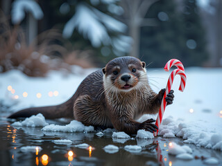 Canvas Print - Playful otter enjoying a candy cane in a snowy winter wonderland, photorealistic of wildlife concept.