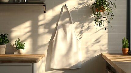 Wall Mural - White kitchen apron hangs on wall in sunlight