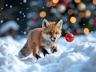 Canvas Print - Playful fox chasing a red ornament in a winter wonderland, photorealism of nature concept.