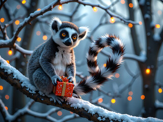 Canvas Print - Lemur with a gift amidst winter lights in a snowy forest setting, digital art of animal portrait concept.