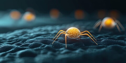 A macro shot of stylized, glowing spiders on a textured surface, emphasizing their intricate details and luminous appearance.