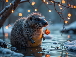 Wall Mural - a playful hedgehog holding a christmas ornament by a snowy stream, photorealism of whimsical concept