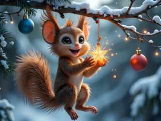 Wall Mural - joyful creature decorating a winter wonderland with sparkling ornaments and lights, digital art of f