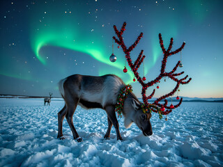 Wall Mural - majestic reindeer under northern lights with festive decorations, photorealistic of landscape concep