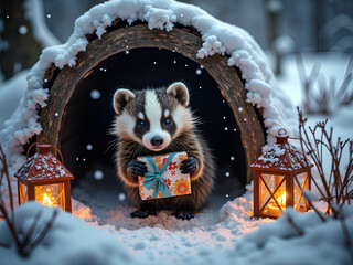 Wall Mural - a curious badger holding a gift near candlelit lanterns in a snowy wonderland, photorealistic of fan