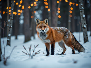 Wall Mural - serene fox amidst snowy landscape and twinkling winter lights, photography of nature concept.