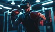 © TigerDude - A young man in a black T-shirt and boxing gloves is wearing a VR headset while fighting virtual enemies in a night gym. The scene is dramatic, with high contrast lighting