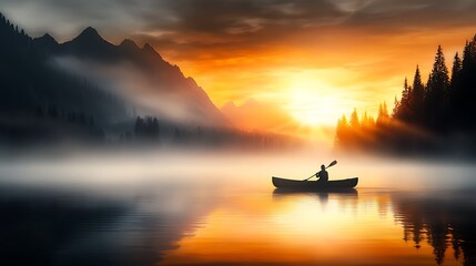 Wall Mural - calm river landscape at dawn, with mist floating above the surface and the first rays of sunlight br