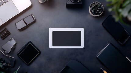 Wall Mural - blank frame surrounded by modern tech gadgets and plants