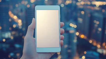 Wall Mural - hand holding smartphone against city lights background