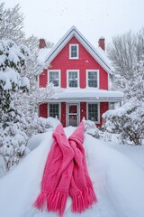 Canvas Print - Red house covered in snow