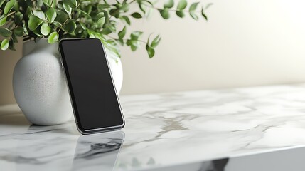 Wall Mural - smartphone rests on marble near a plant in a vase