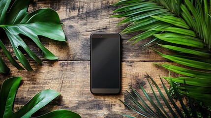 Wall Mural - smartphone screen displayed among lush tropical leaves