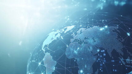  A light blue background with a digital world map and global network connections