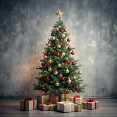 Wall Mural - beautiful christmas tree  decorated with balls with text space 