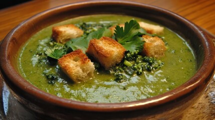 Wall Mural - Rustic spinach soup with croutons and fresh parsley garnish for comfort food lovers