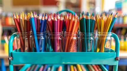 Wall Mural - A close-up of a teal cart brimming with jars of vivid colored pencils, placed neatly in an organized elementary school art class setting with natural lighting.