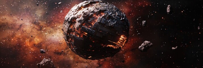 Wall Mural - a futuristic space scene featuring a damaged planet amidst cosmic debris and vibrant colors.