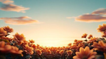 Poster - Sunset Serenade: Orange flowers bathed in the golden light of a breathtaking sunset. A serene and idyllic landscape perfect for evoking feelings of peace, tranquility, and natural beauty.