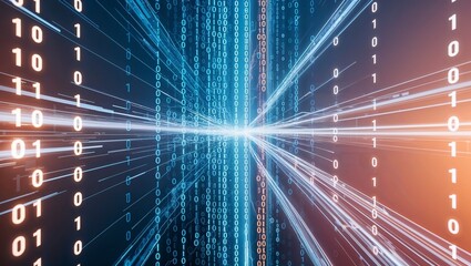 Futuristic digital binary code stream with glowing lines and copy space. The concept of modern computer technologies