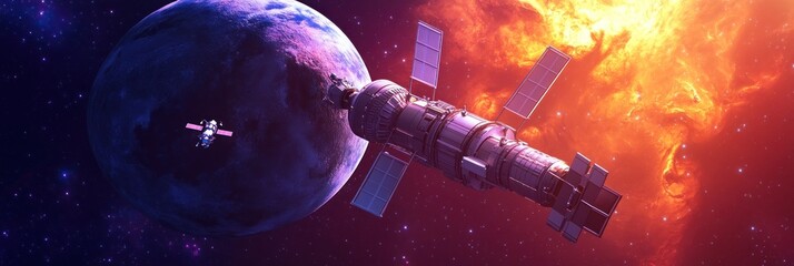 Wall Mural - a futuristic space scene featuring a spacecraft near a planet and a vibrant star.