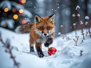 Canvas Print - A playful fox chasing a shining ornament in a winter wonderland, photography of realism concept.