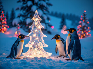 Wall Mural - penguins celebrating winter around a glowing christmas tree in a snowy landscape, photography of ani