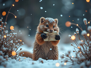 Wall Mural - a cute animal holding a gift in a snowy winter wonderland setting, digital art of whimsical concept.