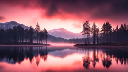 Wall Mural - Crimson Sunset over Serene Lake 