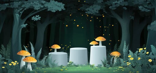 Wall Mural - a serene forest scene with glowing mushrooms and whimsical light effects.