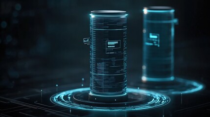 Aufkleber - Futuristic Digital Data Storage Cylinders with Neon Glowing Effects and High-Tech Interface Displaying Information in a Virtual Environment