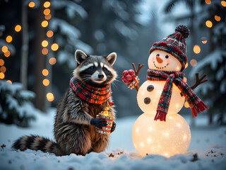 Canvas Print - Charming raccoon celebrating winter with a snowman in a snowy forest, digital art of fantasy concept.