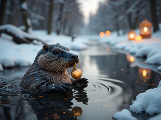 Wall Mural - curious otter enjoys sparkling ornament in serene winter stream landscape, photography of wildlife c