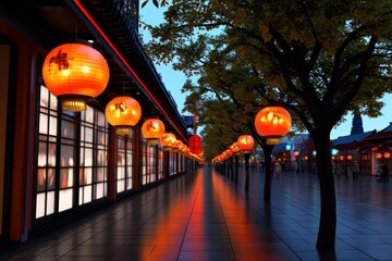 Asian market street in a digital 3D scene, filled with vibrant stalls, glowing lanterns, and bustling crowds