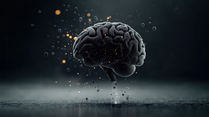 Poster - Abstract Representation of a Human Brain Surrounded by Glowing Particles and Bubbles with Dark Background, Symbolizing Intelligence and Innovation in Science.