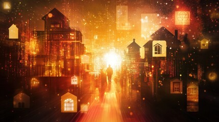 Wall Mural - a surreal cityscape with glowing houses and a figure walking towards a bright light.