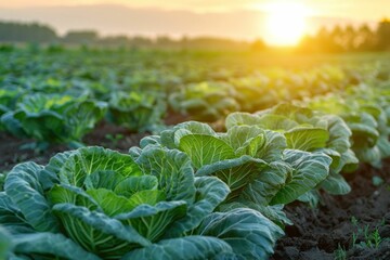 Wall Mural - Fresh cabbage field at sunrise, vibrant green leaves, agricultural landscape, serene natural background, beautiful light, ideal for farm and food concepts