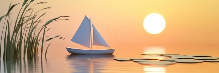 Wall Mural - a serene sunset scene featuring a sailboat and lily pads on calm water.
