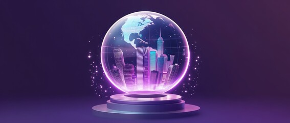 Wall Mural - a futuristic snow globe showcasing a city skyline with a glowing aura.